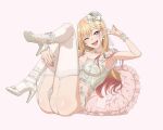  1girl artist_request breasts cloverworks garter_belt hair_ornament hairpin high_heels highres kitagawa_marin large_breasts long_hair official_art panties pillow sono_bisque_doll_wa_koi_wo_suru straight_hair tagme thighhighs underwear v white_thighhighs 