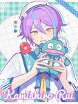  1boy animal animal_on_shoulder blue_hair blue_sailor_collar blush character_name closed_eyes color_guide commentary drop_shadow green_background grid_background hangyodon hat highres holding holding_animal kamishiro_rui kappa letterboxed looking_at_viewer male_focus multicolored_hair necktie octopus plaid plaid_background project_sekai purple_hair sailor_collar sailor_hat sanrio shirt streaked_hair waka_(wk4444) white_headwear white_shirt yellow_eyes yellow_necktie 
