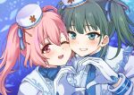  2girls :d akazaki_kokoro blue_eyes blue_necktie blue_ribbon blush close-up commentary dot_nose dutch_angle gloves green_hair grin hair_between_eyes hair_ribbon hat heart heart_hands heart_hands_duo idoly_pride jacket komiyama_ai long_bangs long_sleeves looking_at_viewer multicolored_hair multiple_girls necktie one_eye_closed one_side_up open_mouth pink_eyes pink_hair plum_(arch) portrait pressing ribbon side-by-side sidelocks sleeve_cuffs smile streaked_hair symbol-only_commentary teeth twintails white_gloves white_headwear white_jacket 