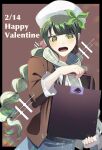  1girl absurdres alternate_costume belt black_belt black_border border chabashira_tenko d: danganronpa_(series) danganronpa_v3:_killing_harmony dated green_ribbon hair_ribbon hand_up happy_valentine highres holding jacket mole mole_under_mouth multi-tied_hair open_clothes open_jacket red_background red_jacket ribbon scarf shiu_(dnrn_si) skirt solo teeth tongue twintails upper_teeth_only white_headwear 