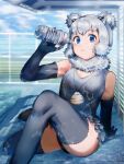  1girl alaskan_sea_otter_(kemono_friends) animal_ears bare_shoulders blue_eyes blush bottle elbow_gloves frilled_one-piece_swimsuit frilled_thighhighs frills fur_trim gloves grey_gloves grey_hair grey_one-piece_swimsuit grey_thighhighs jewelry kemono_friends kemono_friends_3 looking_at_viewer multicolored_clothes multicolored_hair multicolored_swimsuit necklace one-piece_swimsuit otter_ears otter_girl otter_tail poolside saba_ru shell shell_necklace short_hair sidelocks sitting solo swimsuit tail thighhighs water_bottle white_fur white_hair white_one-piece_swimsuit 