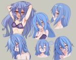  ... 1girl armpits blue_hair blue_nails blush bombergirl bra closed_eyes closed_mouth commentary_request eyes_visible_through_hair fangs fangs_out fingernails flat_chest grey_background grey_bra hair_between_eyes hair_down hand_on_own_chin hands_in_hair lewisia_aquablue long_bangs long_hair multiple_views open_mouth pointy_ears shiro_beer simple_background underwear upper_body yellow_eyes 