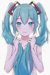  1girl blue_eyes blue_hair blush breasts hair_ornament hatsune_miku highres holding holding_hair long_hair looking_at_viewer nail_polish nude small_breasts solo twintails very_long_hair vocaloid yasuno-labo 