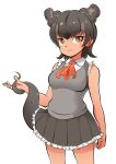  1girl animal_ears black_hair breasts brown_eyes brown_hair commentary_request cowboy_shot fossa_(kemono_friends) grey_sweater_vest holding_own_tail kemono_friends kemono_friends_3 matsumoto_jikyuuryoku medium_breasts medium_hair miniskirt multicolored_hair pleated_skirt skirt smile solo streaked_hair sweater_vest tail two-tone_hair 