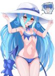  1girl ass_visible_through_thighs bikini blue_bikini blue_bow blue_bowtie blue_hair blush bombergirl bow bowtie brown_eyes chibi chibi_inset commentary_request cowboy_shot demon_tail flat_chest hair_between_eyes hat heart highres holding holding_clothes holding_hat lewisia_aquablue long_bangs long_hair looking_at_viewer navel open_mouth pointy_ears ribs shiro_beer simple_background smile solo sun_hat swimsuit tail very_long_hair white_background white_headwear 