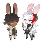  2boys animal_ears arknights black_footwear black_hair black_shirt bright_pupils brown_coat chibi choshanland_plushy_(arknights) coat commentary dark-skinned_male dark_skin earclip elysium_(arknights) feather_hair frown full_body gloves grey_eyes grey_pants grin hand_on_own_hip holding holding_stuffed_toy jewelry long_sleeves male_focus multicolored_hair multiple_boys necklace nsi_(2312_0120) pants pants_rolled_up rabbit_ears red_hair shirt short_hair short_ponytail simple_background smile stuffed_toy thorns_(arknights) undershirt white_background white_coat white_gloves white_hair white_pupils white_shirt yellow_eyes 