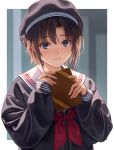  1girl :| beret black_eyes black_headwear black_serafuku black_shirt border box box_of_chocolates brown_hair chocolate closed_mouth commentary food grey_background hat highres holding holding_box holding_chocolate holding_food idolmaster idolmaster_(classic) kikuchi_makoto light_blush long_sleeves neckerchief nekopuchi nervous outside_border raised_eyebrows red_neckerchief sailor_collar school_uniform serafuku shirt short_hair solo upper_body valentine w_arms white_border white_sailor_collar worried 