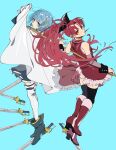  2girls blue_background blue_eyes blue_hair blue_skirt cape cape_lift dress expressionless highres hyamoo long_hair looking_at_viewer looking_back mahou_shoujo_madoka_magica miki_sayaka multiple_girls red_dress red_hair sakura_kyoko short_hair skirt sleeveless sleeveless_dress sword thighhighs weapon white_cape white_thighhighs 