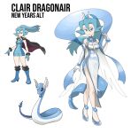  1girl absurdres alternate_costume blue_eyes blue_footwear blue_hair blue_lips breasts character_name china_dress chinese_clothes clair_(pokemon) commentary dragonair dress elbow_gloves english_commentary eyelashes full_body gloves hair_between_eyes high_heels high_ponytail highres long_hair looking_at_viewer official_art_inset pokemon pokemon_hgss reference_inset rhymewithray side_slit simple_background white_background white_gloves 