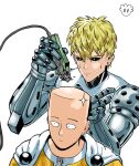  2boys anatomical_nonsense android bald black_sclera blonde_hair cape choso_giving_toudou_a_haircut_(meme) closed_mouth colored_sclera commentary devovas earrings electric_razor english_commentary expressionless genos jewelry male_focus meme multiple_boys one-punch_man saitama_(one-punch_man) short_hair simple_background sweat upper_body white_background white_cape 