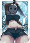 1girl absurdres breasts friday_the_13th from_below genderswap heart highres hockey_mask holding holding_weapon jason_voorhees large_breasts looking_at_viewer machete mask navel open_fly short_hair short_shorts shorts solo spoken_heart tony_welt weapon 