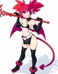  1girl bare_shoulders belt black_choker black_gloves black_skirt black_thighhighs breasts choker demon_girl demon_tail demon_wings disgaea earrings elbow_gloves etna_(disgaea) fang gloves grin highres holding holding_staff jewelry long_hair looking_at_viewer navel pale_skin pointy_ears red_eyes red_hair rob_ishi skirt skull_earrings small_breasts smile solo staff standing stomach tail teeth thighhighs twintails white_belt wings 