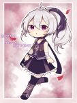  1girl :&lt; bandaged_arm bandages blush boots chibi choker cross-laced_footwear dated fishnet_gloves fishnets flower_(vocaloid) flower_(vocaloid3) full_body gloves happy_birthday highres lace-up_boots long_hair looking_at_viewer multicolored_hair open_mouth petals ponytail purple_eyes purple_hair rageno0000 shirt single_glove skirt sleeveless sleeveless_shirt solo thighhighs vest vocaloid white_hair 