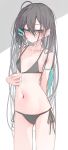  1girl absurdres ahoge aqua_eyes aqua_ribbon arm_behind_back arm_ribbon bikini bikini_tug blush closed_mouth collarbone cowboy_shot flat_chest grey_bikini grey_hair hair_between_eyes hair_ornament hairclip half-closed_eyes highres long_hair looking_at_viewer navel original ribbon sajin_(user_pvrm4582) solo standing swimsuit white_background 