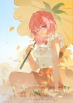  1girl absurdres artist_request bare_legs blue_eyes closed_mouth douluo_dalu falling_petals flower flower_umbrella frilled_sleeves frills highres ning_rongrong_(douluo_dalu) orange_skirt petals pink_hair second-party_source shirt short_hair short_sleeves sitting skirt smile solo sunflower white_shirt 