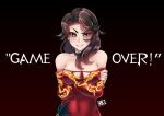  &gt;:) 1girl arms_under_breasts bare_shoulders breasts choker cinder_fall cleavage cowboy_shot crossed_arms dress evil_smile mrorbs off-shoulder_dress off_shoulder orange_eyes red_dress rwby smile solo upper_body v-shaped_eyebrows 