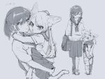  &gt;_&lt; 2girls animal_ears arms_around_neck bag carrying carrying_person cat_ears cat_girl cat_tail cheek-to-cheek dated furry furry_female furry_with_non-furry headpat heads_together height_difference highres interspecies looking_at_viewer makibtaa monochrome multiple_girls open_mouth original ponytail sailor_collar scarf school_bag school_uniform serafuku short_sleeves sketch skirt tail walking yuri 