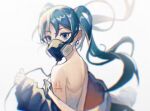  1girl arm_tattoo blue_eyes blue_hair crypton_future_media dress gas_mask hatsune_miku highres itooku long_hair looking_at_viewer mask mask_on_head tattoo twintails vocaloid_boxart_pose 