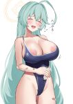  1girl absurdres abydos_high_school_swimsuit ahoge bare_arms bare_legs bare_shoulders black_one-piece_swimsuit blue_archive blush breasts cleavage closed_eyes cowboy_shot female_pubic_hair green_hair hair_between_eyes halo highres huge_ahoge huge_breasts long_hair nipples one-piece_swimsuit open_mouth pubic_hair school_swimsuit simple_background solo swimsuit white_background yellow_halo yume_(blue_archive) zintaro 