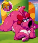big_breasts big_butt birdo_(character) breasts butt female female/female gaping_mouth hi_res huge_butt humanoid imadeej larger_female mario_bros nintendo open_mouth pink_body princess_peach size_difference smothering