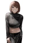  1girl black_pants black_sweater brown_eyes brown_hair cigarette cropped_sweater grin highres ieiri_shoko jujutsu_kaisen looking_at_viewer midriff mole mole_under_eye mouth_hold navel pants raberu_ruru short_hair simple_background smile solo sweater teeth_hold turtleneck turtleneck_sweater white_background 