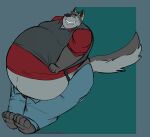 anthro belly big_belly bodily_fluids butt canid canine canis chubby_face clenched_teeth clothed clothing clothing_pull double_chin eyewear fur glasses grey_body grey_fur kyreden male mammal moobs obese obese_anthro obese_male overweight overweight_anthro overweight_male shirt shirt_pull solo struggling suspenders sweat sweatdrop teeth thick_thighs topwear topwear_pull vest wolf