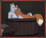 2023 ambiguous_gender anthro bathing canid canine canis colored duo female_(lore) fox fur garbagegarage grey_body grey_fur handjob hi_res lying male mammal nude obscured_sex on_back orange_body orange_fur penile sex wolf