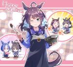  3girls ahoge animal_ears apron black_hair blue_eyes blue_hair blush book cesario_(umamusume) chocolate closed_eyes commentary_request daring_heart_(umamusume) daring_tact_(umamusume) hair_ornament happy_valentine horse_ears horse_girl horse_tail looking_at_viewer medium_hair multiple_girls one_eye_closed school_uniform sinosinof smile tail tracen_school_uniform umamusume 