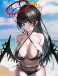  1girl antenna_hair arms_behind_back ass_visible_through_thighs bags_under_eyes beach bikini black_bikini black_hair black_wings blue_archive blush breasts cleavage collarbone criss-cross_halter h.kai halo halterneck highres horizon large_breasts long_hair looking_at_viewer melting_halo navel official_alternate_costume outdoors ponytail red_eyes red_halo side-tie_bikini_bottom solo stomach swimsuit tsurugi_(blue_archive) tsurugi_(swimsuit)_(blue_archive) very_long_hair wings 