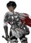  1girl absurdres armor black_gloves black_hair blood blood_on_clothes breastplate brown_eyes cape character_request closed_mouth copyright_request cowboy_shot dark-skinned_female dark_skin elbow_gloves gloves grey_cape helmet highres holding holding_helmet holding_sword holding_weapon pelvic_curtain satoukrm short_hair shoulder_pads simple_background solo standing sword weapon weibo_logo weibo_username white_background 