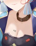  1girl absurdres armor blue_hair breast_focus breasts cleavage close-up collar collarbone eroborne genshin_impact hair_ornament head_out_of_frame heart highres japanese_armor kamisato_ayaka light_smile lips red_ribbon ribbon simple_background solo upper_body white_background 