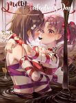  2girls absurdres arms_around_neck blush brown_eyes brown_hair candy chocolate chocolate_bath commentary_request eye_contact food hair_ornament hairpin heart heart-shaped_chocolate heart_in_eye highres long_hair looking_at_another misaka_mikoto mouth_hold multiple_girls naked_ribbon partially_submerged ribbon shared_food shirai_kuroko short_hair smile symbol_in_eye toaru_kagaku_no_railgun toaru_majutsu_no_index twintails valentine yonabe yuri 