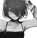  1girl alternate_costume alternate_hairstyle animal_ears armpits arms_up bare_shoulders black_choker black_dress black_hair bob_cut breasts choker cleavage dress ear_tag earrings hair_between_eyes hair_over_one_eye horse_ears horse_girl jewelry kawamochi_(tddm3573) long_bangs looking_at_viewer manhattan_cafe_(umamusume) off-shoulder_dress off_shoulder partially_colored shirt simple_background single_earring small_breasts solo umamusume white_background yellow_eyes 