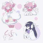  2girls akemi_homura black_hair bow bright_pupils capelet chinese_commentary chinese_text closed_eyes closed_mouth commentary_request earmuffs fur_capelet fur_thighhighs fur_trim hair_bow hair_ribbon heart highres kaname_madoka long_hair mahou_shoujo_madoka_magica mahou_shoujo_madoka_magica_(anime) medium_hair multiple_girls neck_ribbon pink_eyes pink_hair pink_ribbon pink_thighhighs purple_ribbon ribbon smile spoken_heart thighhighs translation_request tukiliii twintails white_bow white_capelet white_pupils white_ribbon winter_clothes 