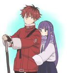  1boy 1girl brown_eyes brown_gloves coat fern_(sousou_no_frieren) fingerless_gloves gloves halberd hand_in_another&#039;s_pocket kmtakpk long_hair long_sleeves looking_at_viewer looking_back polearm purple_eyes purple_hair purple_scarf red_hair scarf short_hair sidelocks simple_background sousou_no_frieren stark_(sousou_no_frieren) weapon 