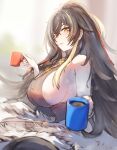  1girl azur_lane bare_shoulders black_hair blonde_hair breasts coffee coffee_mug cup earrings fur_trim harbin_(azur_lane) highres holding holding_cup huge_breasts jewelry long_hair looking_at_viewer mole mole_under_eye mug multicolored_hair orusun sideboob sleeveless solo streaked_hair two-tone_hair very_long_hair yellow_eyes 