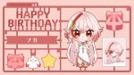  1girl bare_shoulders benghuai_xueyuan blush box chibi china_dress chinese_clothes closed_mouth dress fu_hua fu_hua_(phoenix) full_body gift gift_box gradient_hair hair_between_eyes hair_ornament happy_birthday honkai_(series) jingwei_(bird) long_hair looking_at_viewer multicolored_hair official_alternate_costume official_alternate_hairstyle official_art one_eye_closed photo_(object) red_eyes red_footwear red_hair shoes smile solo star_(symbol) streaked_hair white_dress white_hair 