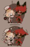  2boys alastor_(hazbin_hotel) angry blonde_hair cane demon_boy grin hair_slicked_back hazbin_hotel heiwei_she_xiong highres holding holding_cane looking_at_another lucifer_(hazbin_hotel) multiple_boys pants red_hair red_suit smile suit white_headwear white_pants white_suit 