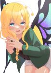  +_+ 1girl antennae blonde_hair blue_eyes blush braid butterfly_girl butterfly_wings cowboy_shot highres ichiki_toki insect_wings jacket leaning_forward long_hair long_sleeves open_mouth original own_hands_together shorts smile solo wings 
