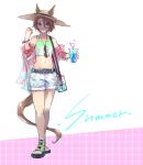 1girl alternate_costume animal_ears bag bare_shoulders belt blue_eyes blue_shorts bracelet brown_hair closed_mouth crazy_straw cup disposable_cup drinking_straw ears_through_headwear english_text flat_chest full_body groin hair_between_eyes hat heart heart_straw highres holding holding_cup horse_ears horse_girl horse_tail jacket jewelry looking_at_viewer midriff narita_taishin_(umamusume) natsunori navel necklace off_shoulder ring ring_necklace sandals see-through see-through_jacket shirt short_hair shorts shoulder_bag sleeveless sleeveless_shirt smile solo standing straw_hat sunglasses tail toes torn_clothes torn_shorts transparent_bag umamusume 