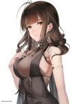  1girl absurdres antenna_hair black_dress breasts brown_eyes brown_hair cleavage dress dsr-50_(girls&#039;_frontline) dsr-50_(highest_bid)_(girls&#039;_frontline) earrings girls&#039;_frontline gold_earrings highres jewelry large_breasts long_hair looking_at_viewer official_alternate_costume parted_lips sleeveless sleeveless_dress solo tenmu_miyabi twitter_username white_background 