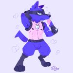 anthro armpit_hair athletic black_body black_fur blue_body blue_eyes blue_fur body_hair bottomwear bulge canid canine canis clothed clothing crotch_tuft dark_nipples flexing food fur fur_tuft generation_4_pokemon hair lineless looking_at_viewer lucario male mammal musk musk_clouds nintendo nipples partially_clothed paws pecs pokemon pokemon_(species) popsicle popsicle_melting popsicle_stand_(spooky_dune) raised_arm shorts signature solo spooky_dune standing stern_look tail tan_body tan_fur toony tuft