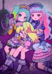  3girls black_footwear blonde_hair blue_eyes blue_hair blunt_bangs blush braid closed_mouth commentary_request couch crescent dress earrings frilled_dress frills full_body gradient_hair green_hair grey_hair hand_on_own_cheek hand_on_own_face hand_up high_heels highres idol_time_pripara indoors jewelry juliet_sleeves kneehighs koda_michiru kokichi_yoko long_hair long_sleeves looking_at_viewer maid_headdress miichiru_(pripara) multicolored_hair multiple_girls nijiiro_nino on_couch open_mouth orange_dress pink_dress pretty_series pripara puffy_sleeves purple_dress purple_eyes red_eyes shoes short_hair sitting smile socks twin_braids two-tone_hair very_long_hair wavy_hair white_socks yumekawa_yui 