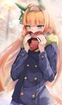  1girl animal_ears blue_jacket blunt_bangs blurry blurry_background buttons chocolate dated ear_covers food green_eyes hairband highres holding holding_chocolate holding_food horse_ears jacket long_hair looking_at_viewer negipon orange_hair outdoors revision scarf shy silence_suzuka_(umamusume) solo twitter_suki umamusume white_hairband winter_clothes yellow_scarf 