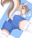  1girl absurdres animal_ears blue_background brown_eyes brown_hair chipmunk_ears chipmunk_girl chipmunk_tail extra_ears highres kemono_friends kemono_friends_v_project korin_589 looking_at_viewer looking_back ribbon shirt short_hair shorts siberian_chipmunk_(kemono_friends) simple_background solo tail thighhighs vest virtual_youtuber 