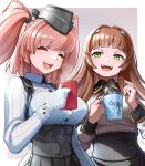  2girls american_flag american_flag_print atlanta_(kancolle) blunt_bangs breasts brown_hair camouflage cup flag_print gloves green_eyes grey_headwear helena_(kancolle) high-waist_skirt highres holding holding_cup kantai_collection long_hair long_sleeves mizoki_kei multiple_girls open_mouth puffy_long_sleeves puffy_sleeves shirt skirt smile teeth two_side_up upper_body upper_teeth_only white_gloves white_shirt 