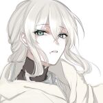  1boy androgynous aqua_eyes bedivere_(fate) cloak coyote_(moramoramorayay) dried_blood fate/grand_order fate_(series) hair_between_eyes hair_tubes highres looking_at_viewer male_focus medium_hair parted_lips portrait sidelocks simple_background sketch solo white_background white_cloak white_hair 