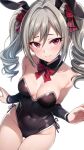  1girl absurdres animal_ears bare_shoulders black_leotard blush bow breasts cleavage detached_collar detached_sleeves drill_hair fake_animal_ears grey_hair groin hair_bow highleg highleg_leotard highres idolmaster idolmaster_cinderella_girls kanzaki_ranko leotard long_hair medium_breasts playboy_bunny popon_ta rabbit_ears red_bow red_eyes solo thighs twin_drills twintails 