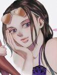  1girl black_hair blue_eyes close-up dress eyewear_on_head hand_on_own_cheek hand_on_own_face looking_to_the_side nico_robin one_piece petals pink_lips purple_dress sidelocks simple_background sleep_humubo smile solo 