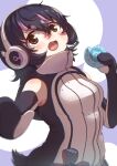  1girl black_hair brown_eyes elbow_gloves food gloves headphones highres hood hoodie humboldt_penguin_(kemono_friends) japari_bun kemono_friends kemono_friends_v_project looking_at_viewer microphone multicolored_hair okyao penguin_girl penguin_tail purple_background purple_hair short_hair simple_background sleeveless solo tail two-tone_hair virtual_youtuber zipper 